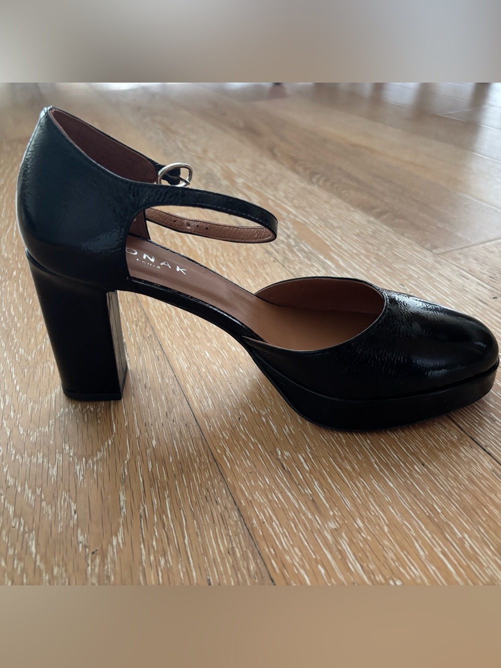 JONAK Black Patent Mary Jane Block Heel Pump